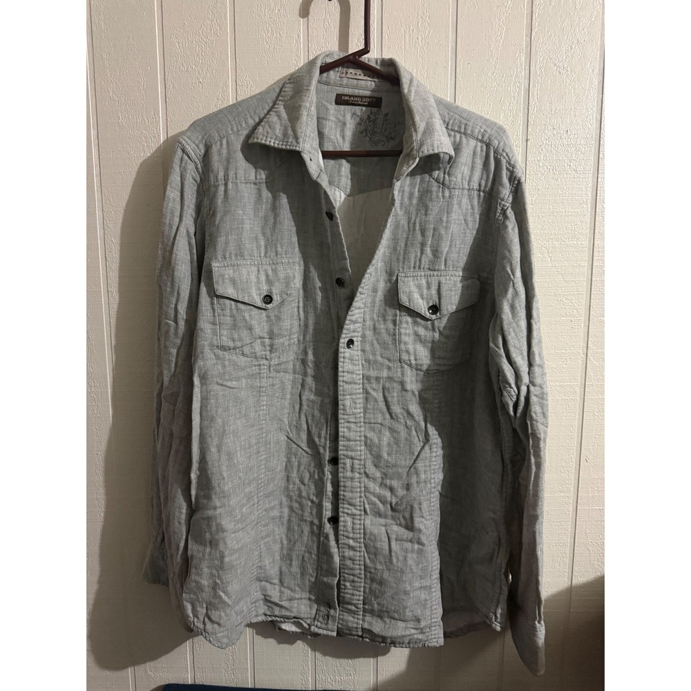 Tommy Bahama Island Soft Mens Large Gray Cotton Button Down Shirt Long Sleeve